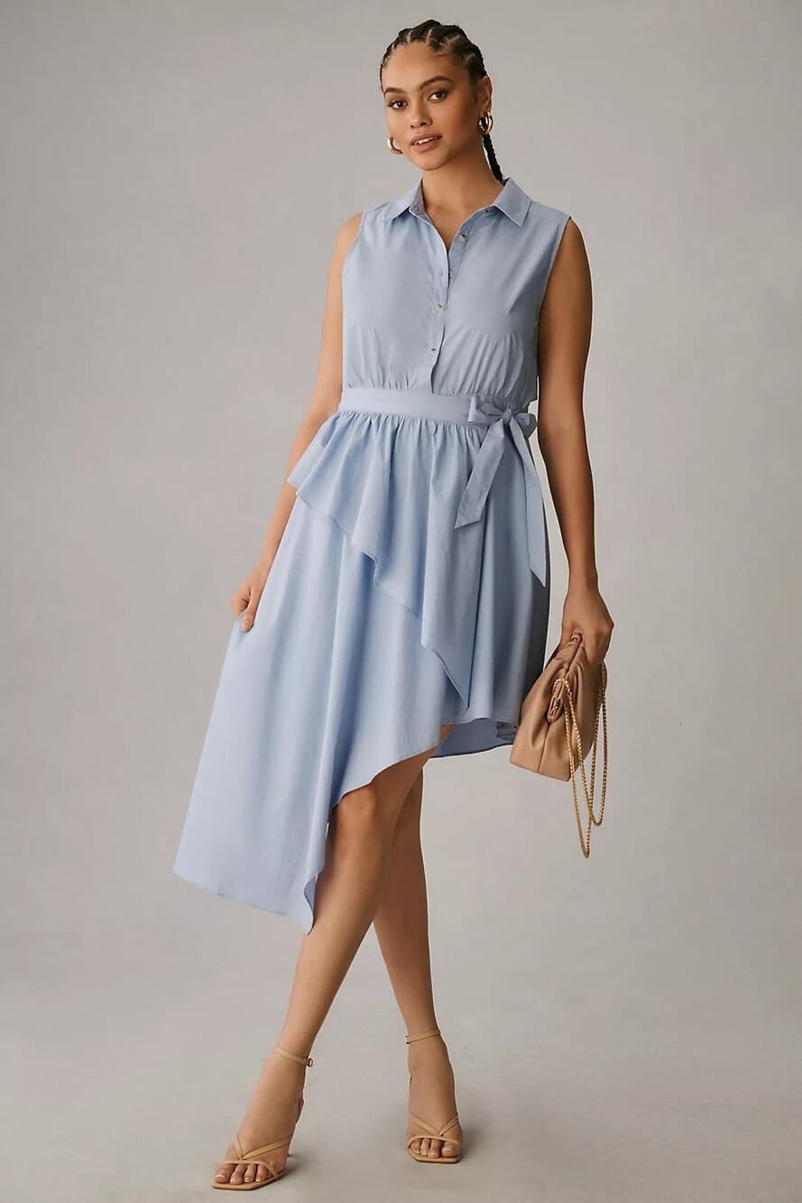 New Anthropologie Maeve Asymmetrical Sleeveless Shirt Dress $160 22W Sky - Blue